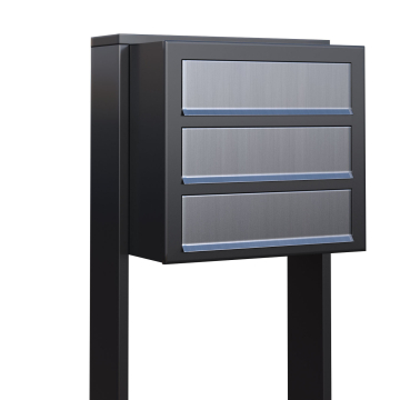 Boîte aux lettres sur pieds Cube for Three en Anthracite avec rabat en acier inoxydable