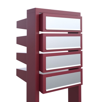 Boîtes aux lettres Stairs pour quatre Rouge avec rabat en acier inoxydable